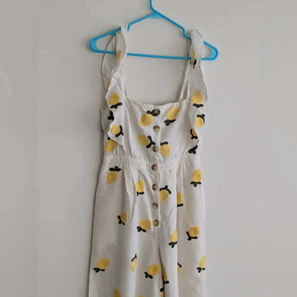 Anthropologie Red Carter Embroidered Lemon Ruffle Wide leg Flare Jumpsuit SMALL - Picture 2 of 15